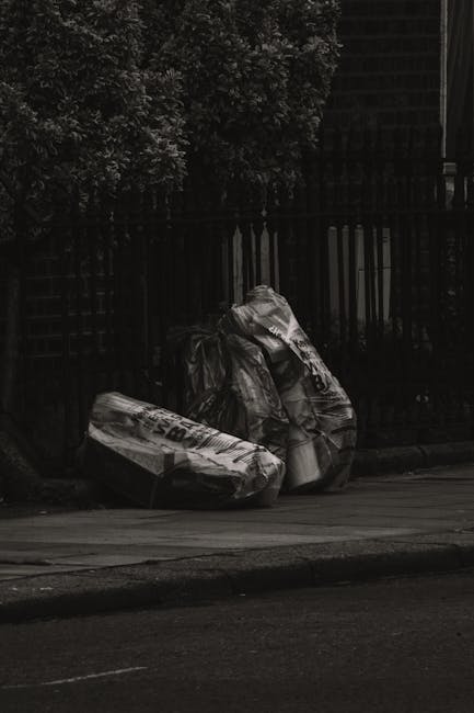 Two large black plastic rubbish bags and a rectangular cardboard box are placed on a curbside pavement in front of a dark metal fence with vertical bars and a brick wall behind it. The bags appear filled with waste material, showing crumpled and uneven surfaces, with some reflective surfaces indicating plastic material. The cardboard box, partially torn, has printed text on its surface and is positioned leaning against one of the bags. The pavement is adjacent to a road, with a curb separating them, and a hint of greenery from a tree or bush is visible at the top left corner of the image. The scene suggests an area awaiting collection or disposal, with natural lighting casting soft shadows, and the overall tone is neutral and unembellished, consistent with private rubbish collection services or alternative waste handling scenarios in an urban environment, possibly managed by an independent waste removal provider such as Rubbish Collection Enfield.